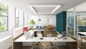 An image showing an office with office partitions which help to create an interesting design and dynamic to the environment