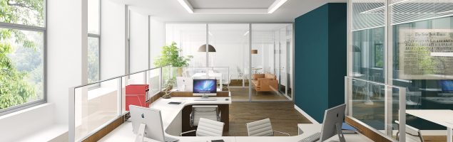 An image showing an office with office partitions which help to create an interesting design and dynamic to the environment