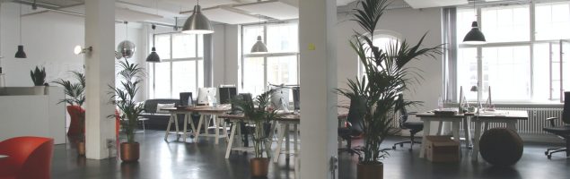 An open plan office with white support beams and a dark floor