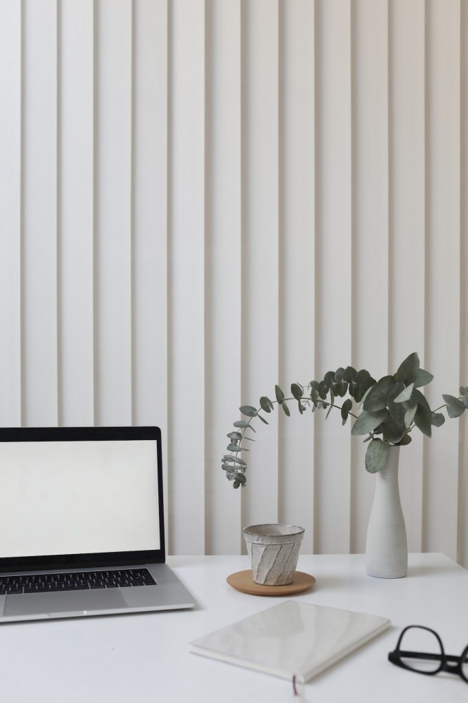 white neutral desk set up with plant 