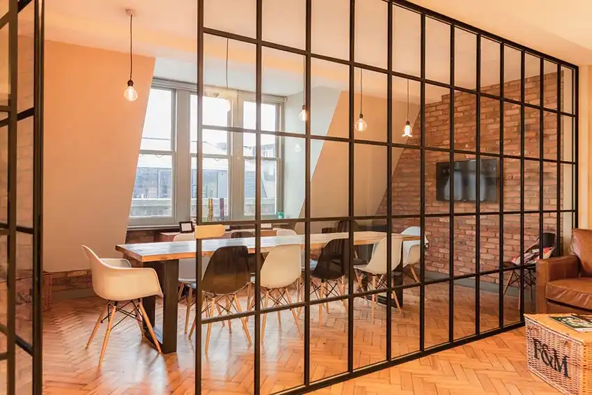Example of a metal partitioning wall within a commercial office space.